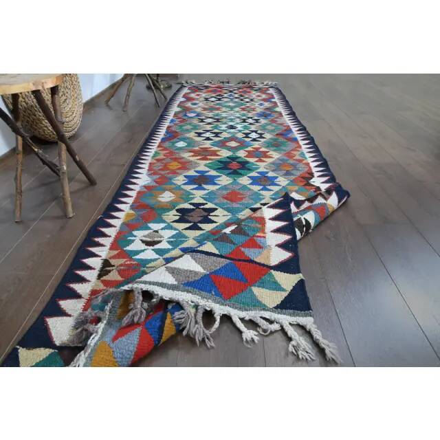 Turkish Vintage Oushak Runner Handwoven Wool Colorful Runner Rug 97x302