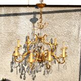Lustre à pampilles 9 feux monumental en bronze doré et cristal suspension