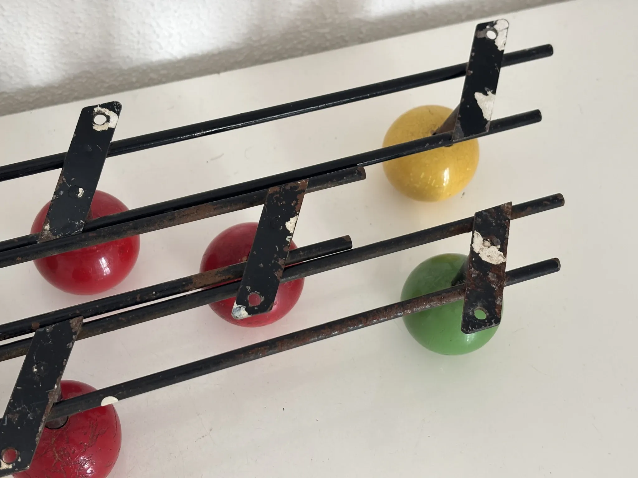 Vintage 1960s tricolour coat rack trio with 3 ball hooks - 45 x 6 / 2