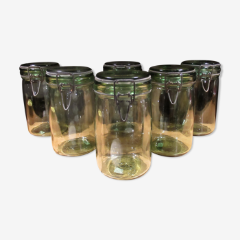 6 green glass jars, brand "l'idéal"