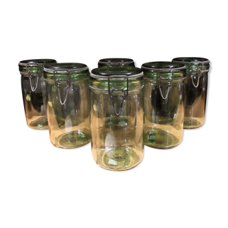 6 green glass jars, brand "l'idéal"