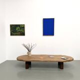 XXL oval coffee table in solid oak, cylindrical base, 1950s.