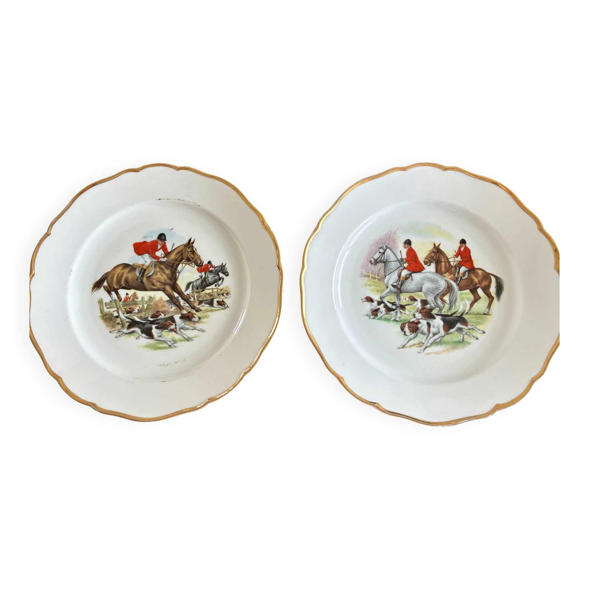 Vintage Limoges Porcelain Hunting Plates - Hand-Painted Equestrian x 2