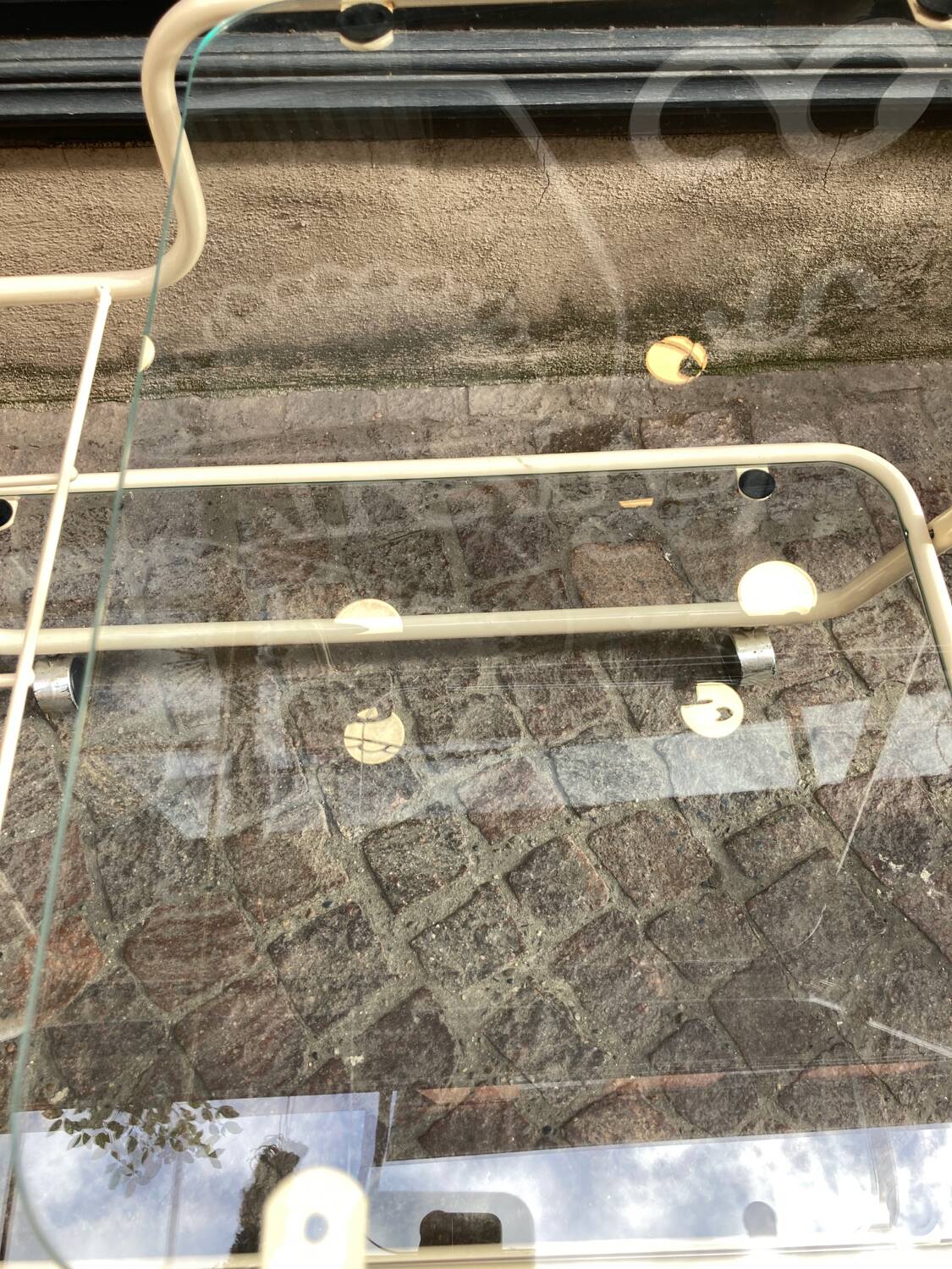 70s rolling trolley in glass and cream metal