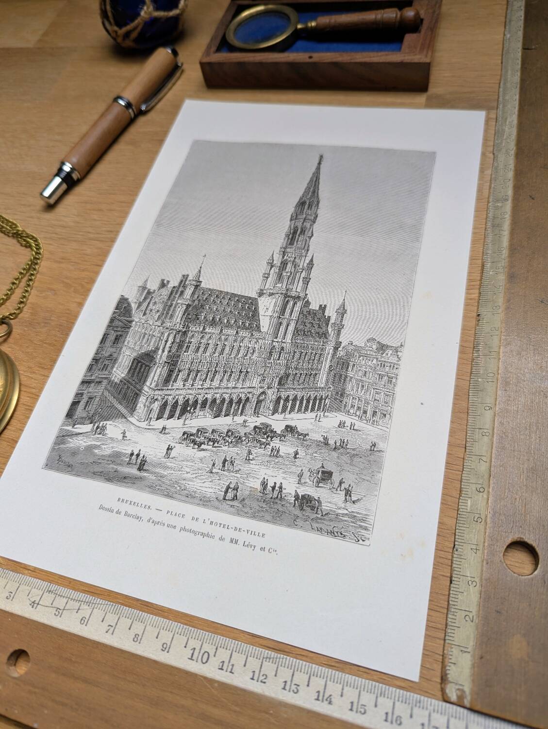 Brussels City Hall, Belgium, printed illustration from 1878.