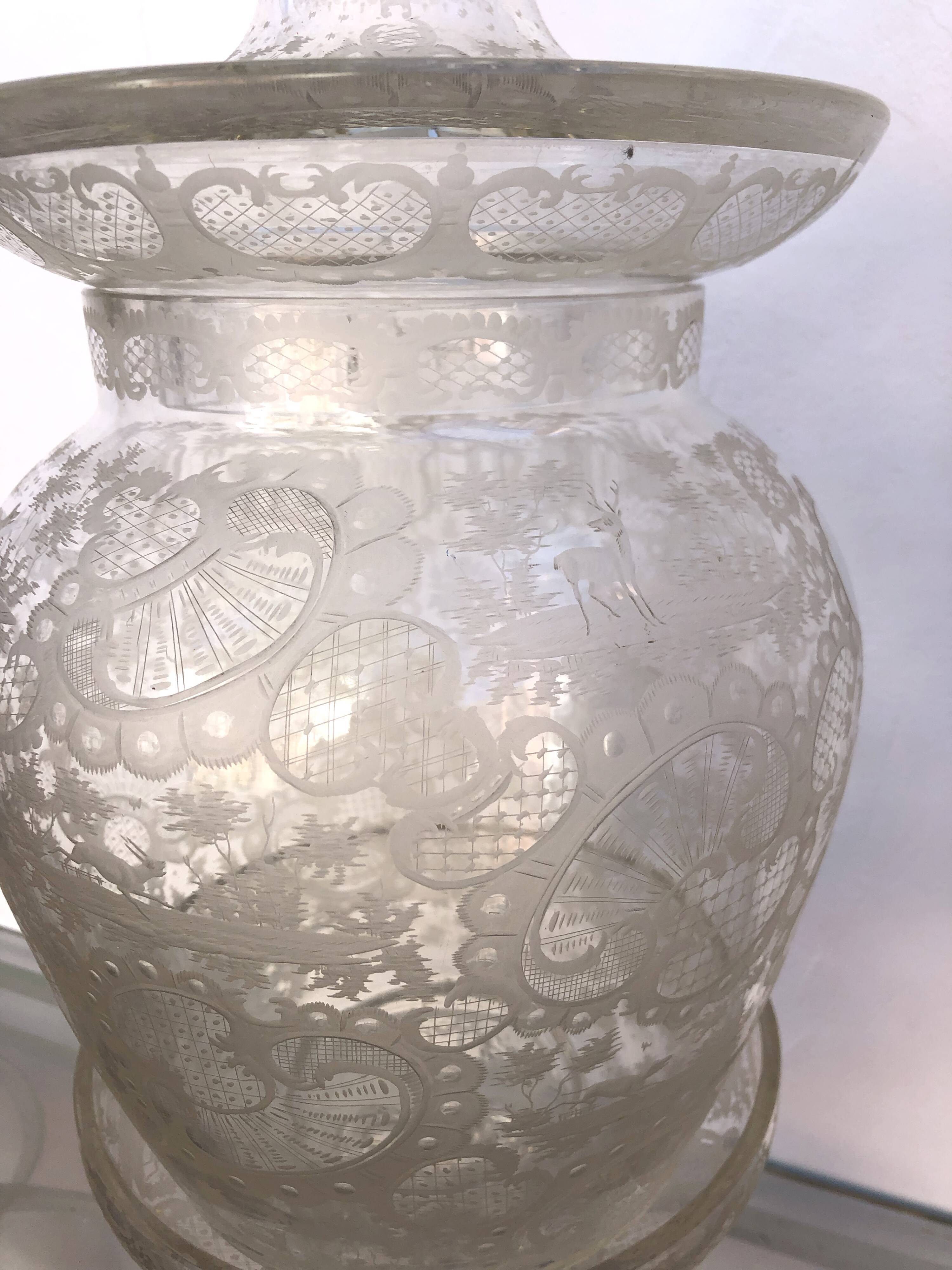 Very large glass punch vase engraved on pedestal, eighteenth