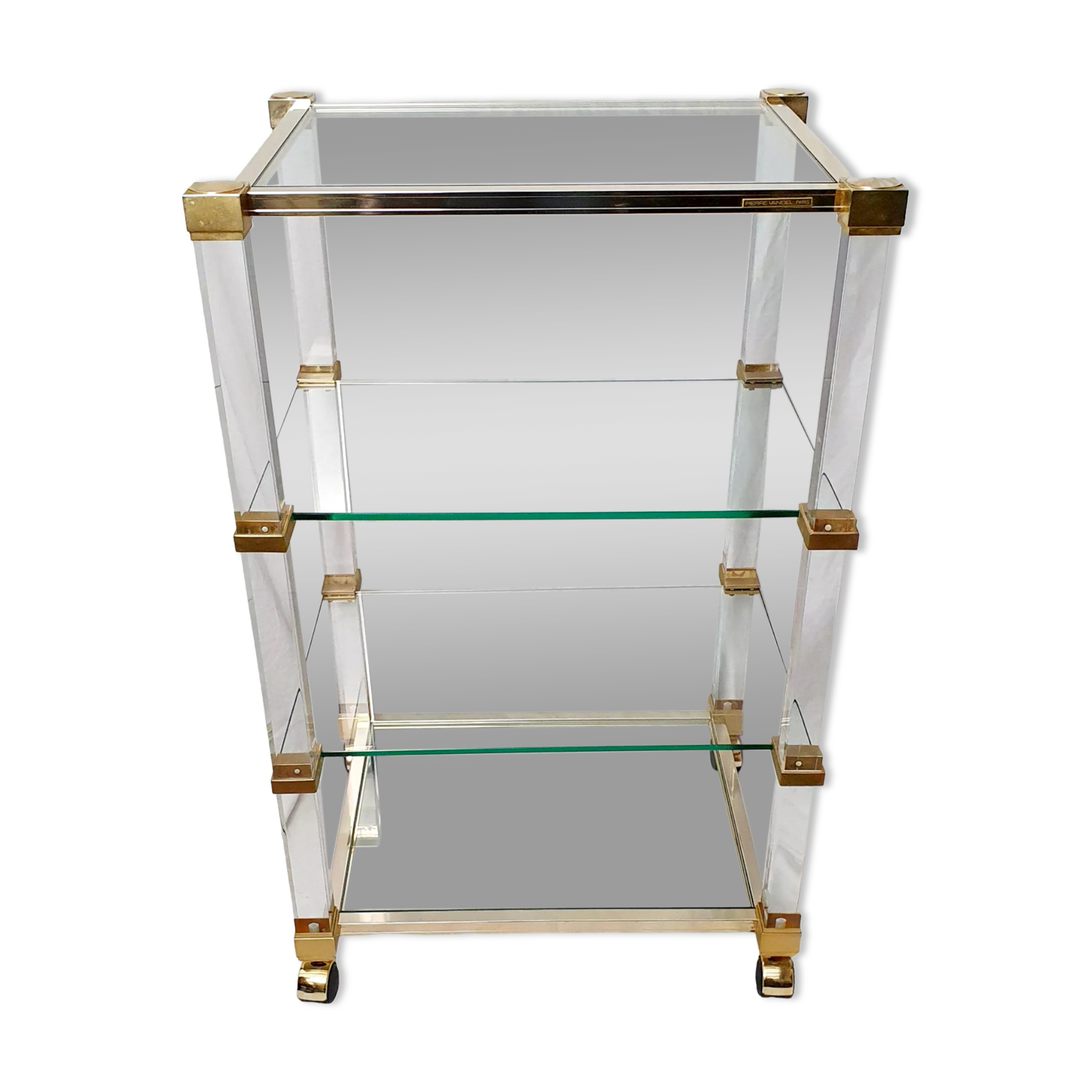 Rolling glass and plexiglass shelf by Pierre Vandel