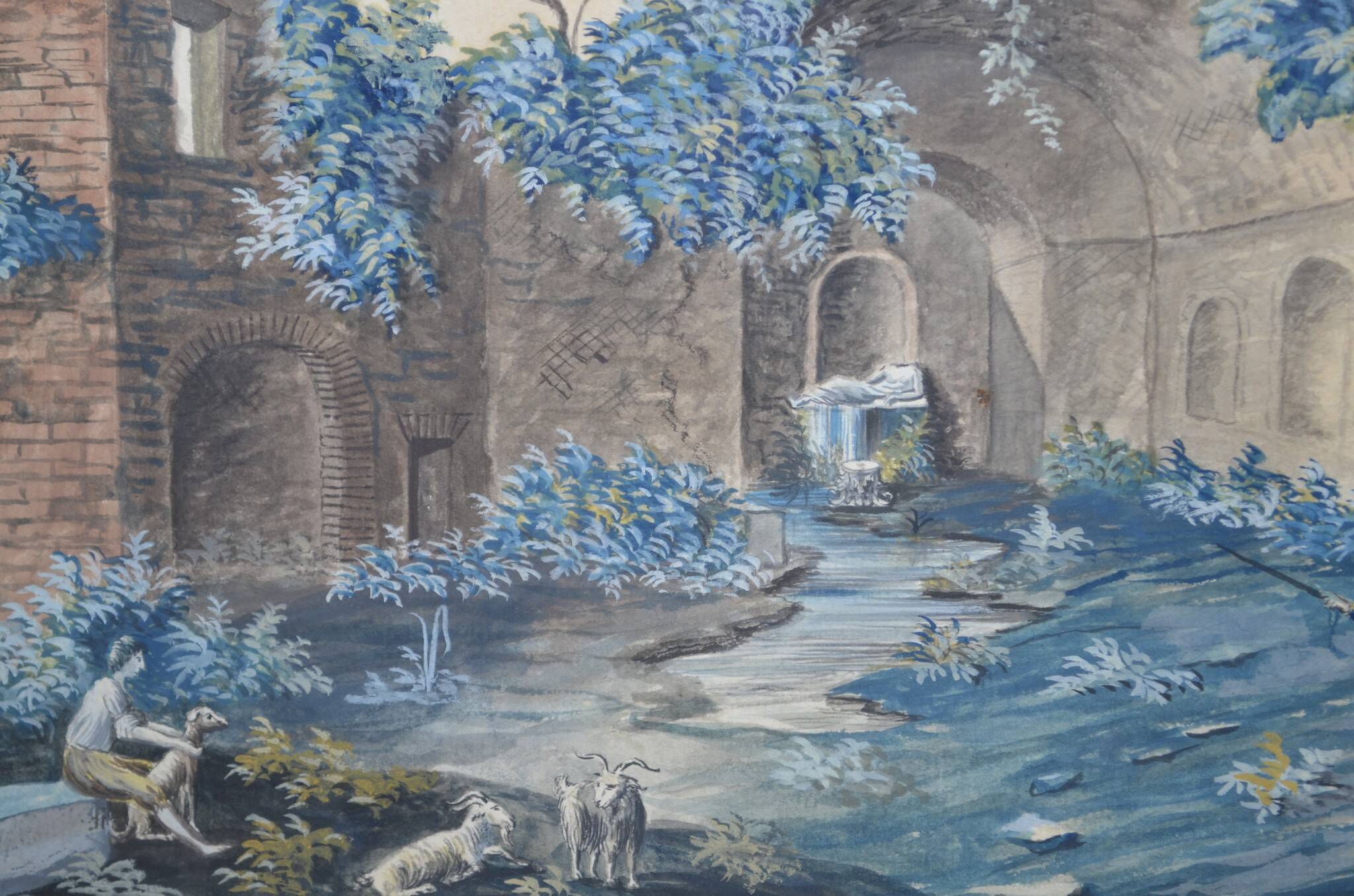Ecole Italienne du XIXème siècle  « La source de la nymphe Egérie » Gouache