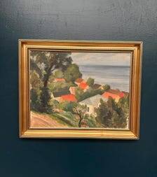 Original Oil Painting on Panel - "Coastal Village" by Bernhard Önstad - Signed - Vintage and Framed