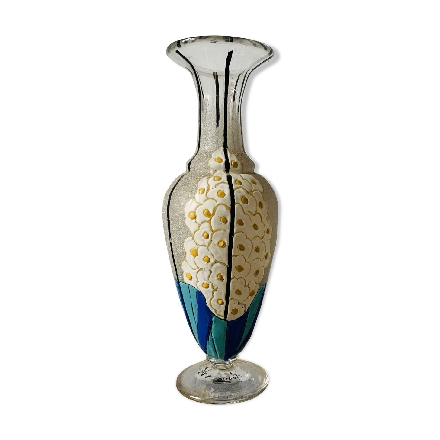 Glass and enamel vase with art deco flower decoration signed Mazoyer