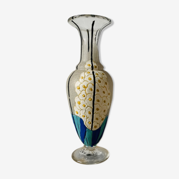 Vase en verre et émail à décor de fleurs art-déco signé mazoyer