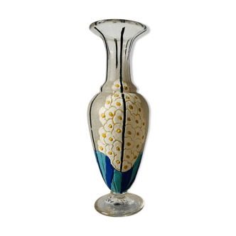 Glass and enamel vase decorated with art-deco flowers signed mazoyer