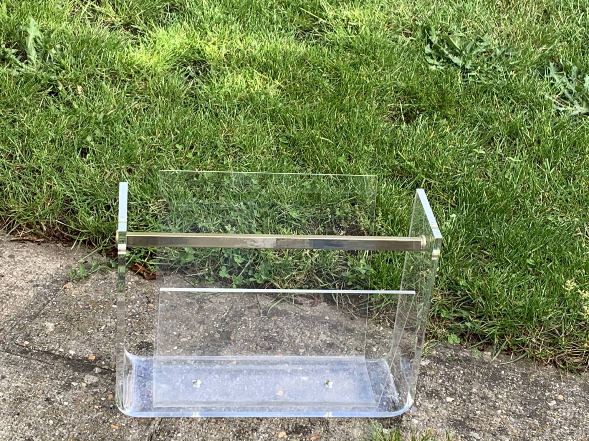 Transparent Plexiglas magazine holder and 1970 vintage brass handle