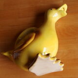 Ceramic watering can in white earthenware, yellow enamel and bird shape