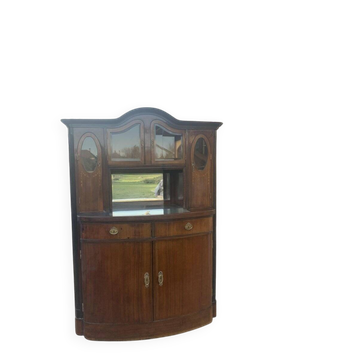 Placard de cuisine Art Nouveau en bois marron et verre, miroir et ferrures laiton