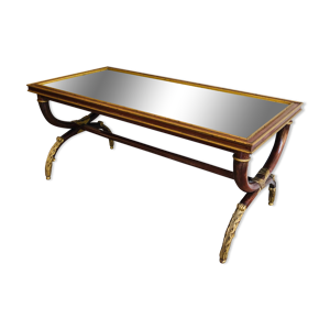 Table basse en bois sculpté - plateau miroir