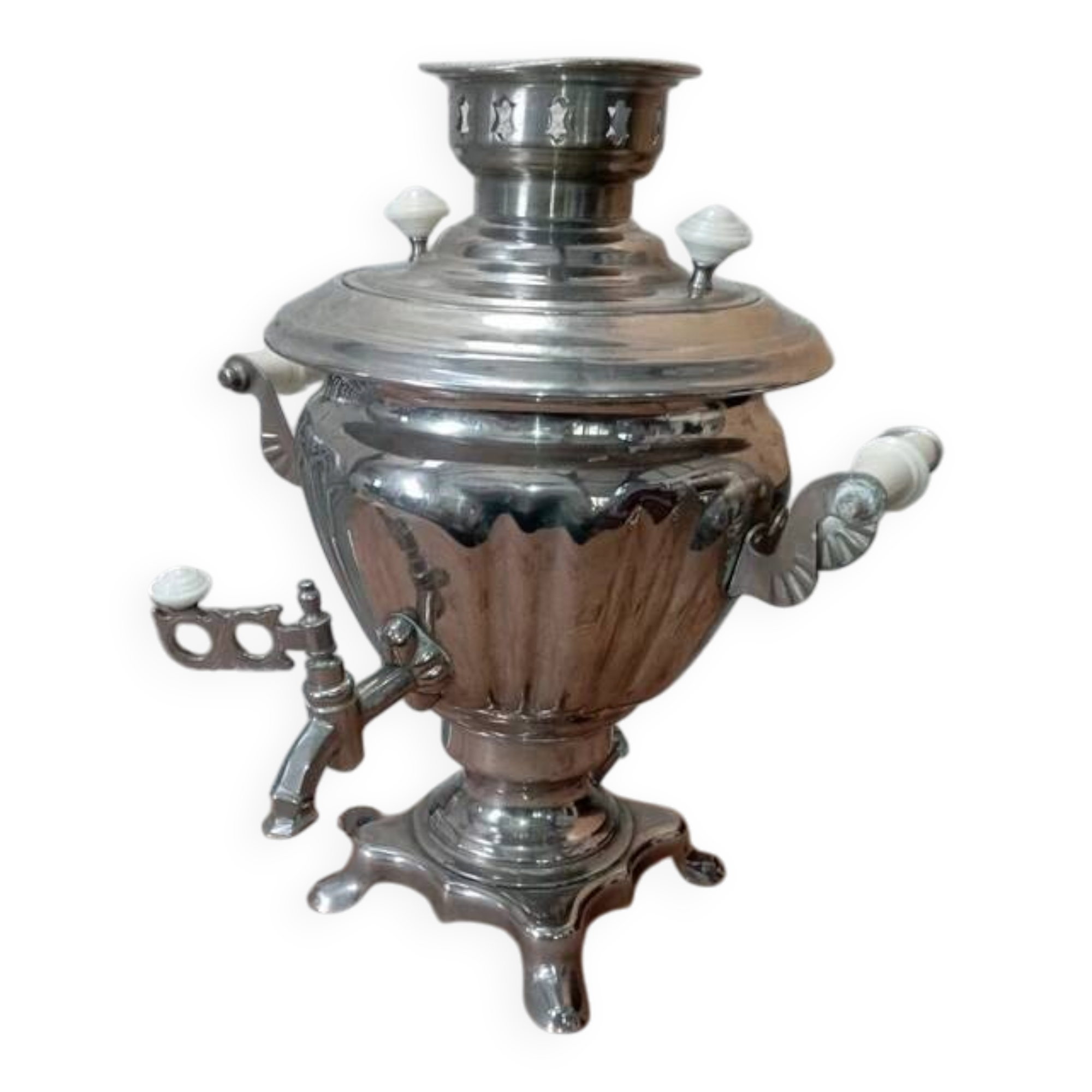 Old Russian electric samovar in silver-plated metal.