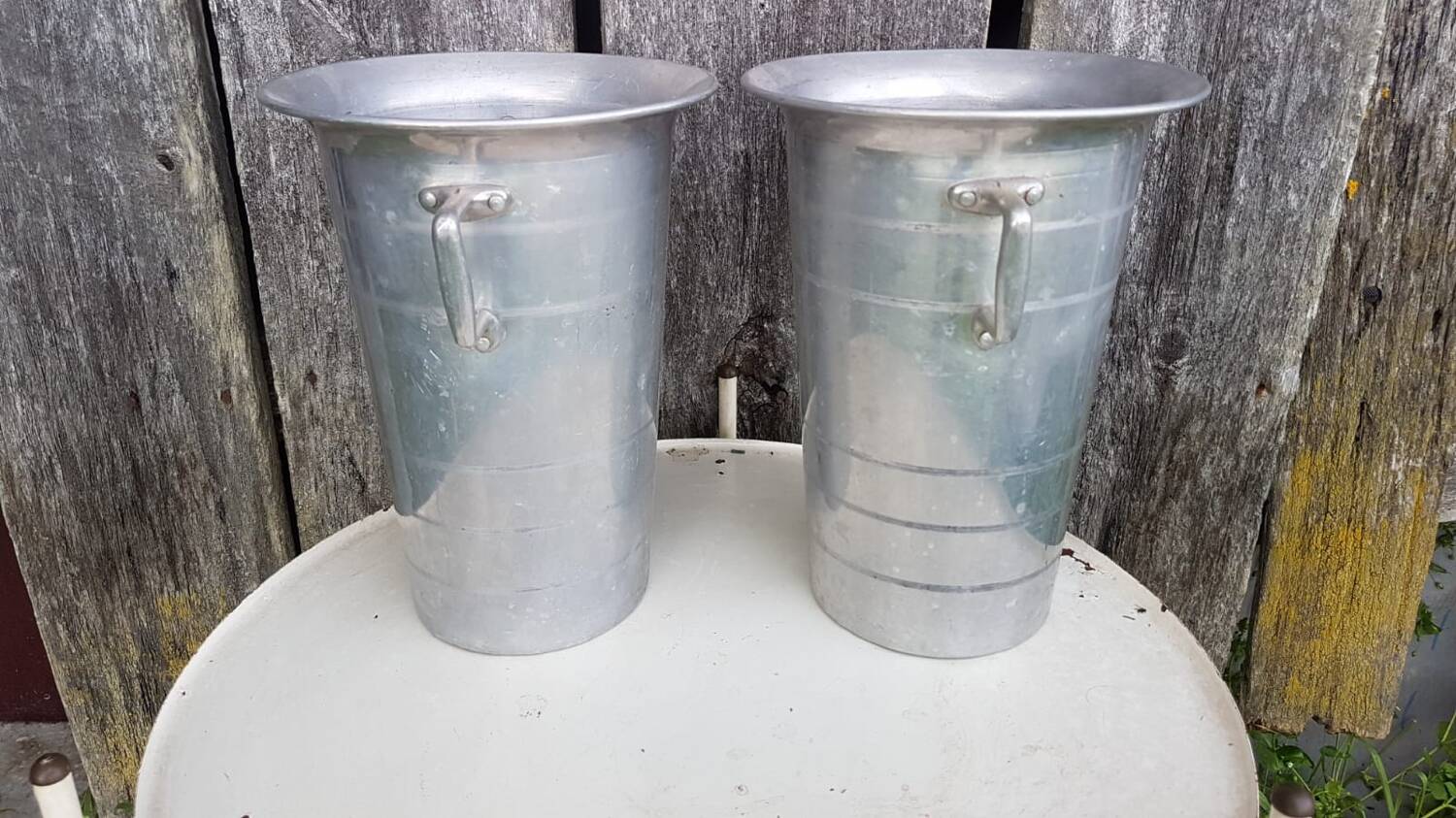 Old pair of aluminum champagne buckets vintage kitchen utensil #a682