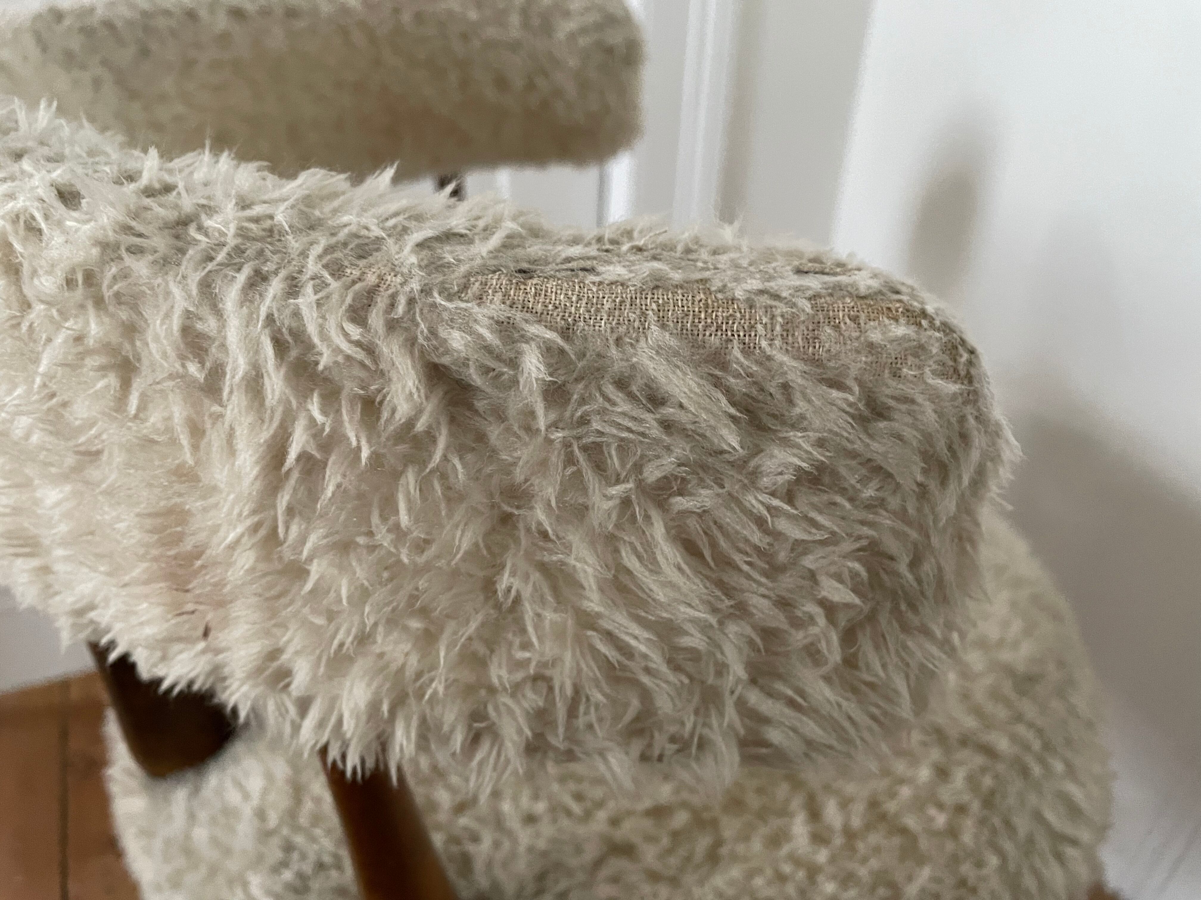 Set of 1 armchair and 1 vintage Scandinavian stool with white fur, 1960