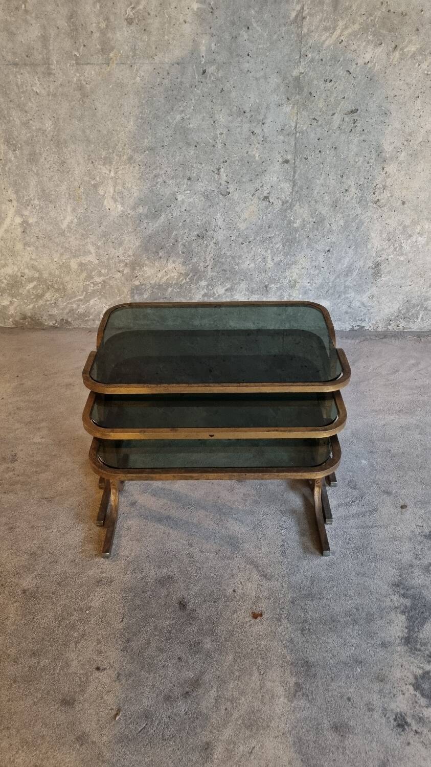 3 nesting tables in brass and glass