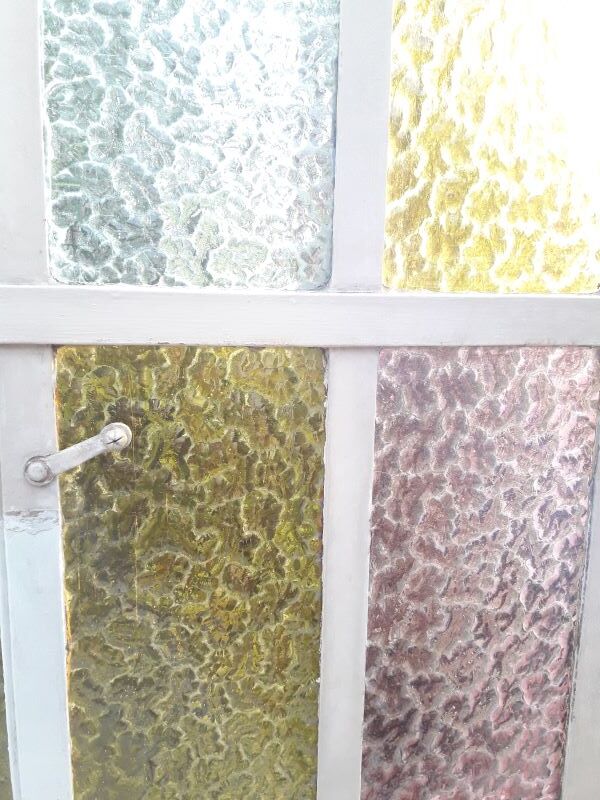 Workshop door 258.4x98.5cm in iron and colored cathedral glass