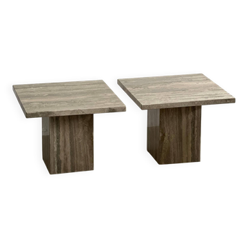Set of Two Mid-Century Modern Side Tables in Travertine, Urban Wabi Style, Pair