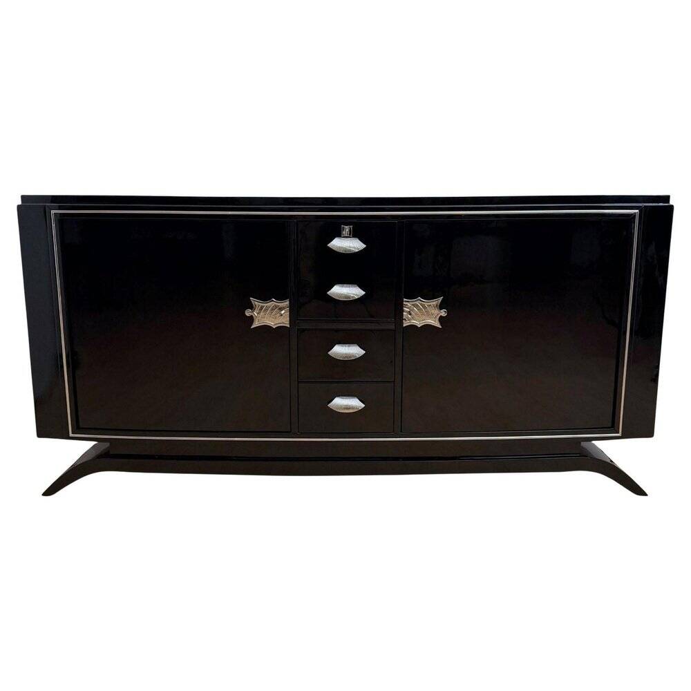 Art Deco Sideboard in Black Lacquer, Maple & Chrome, France, 1930