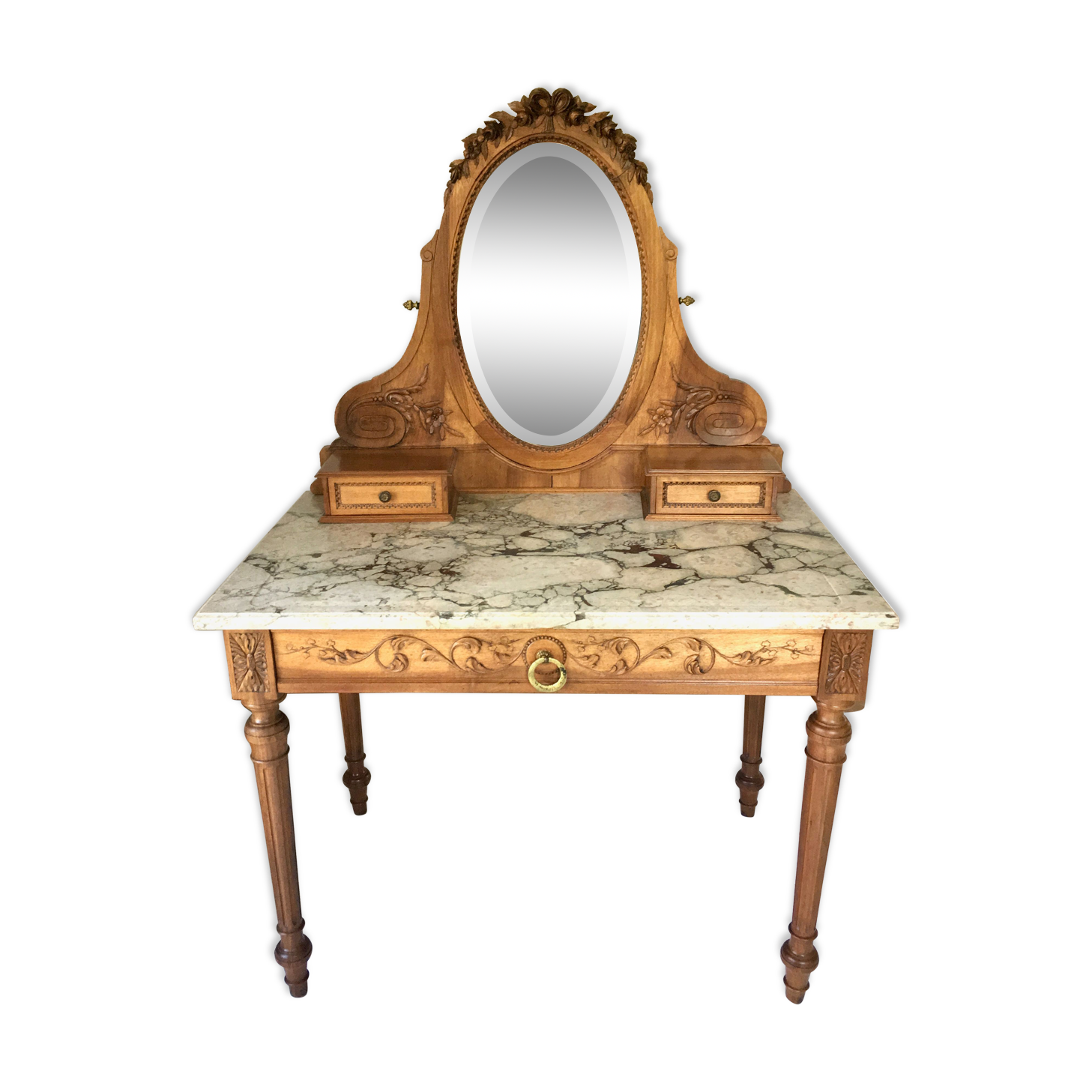 Coiffeuse années 50 bois sculpté et marbre