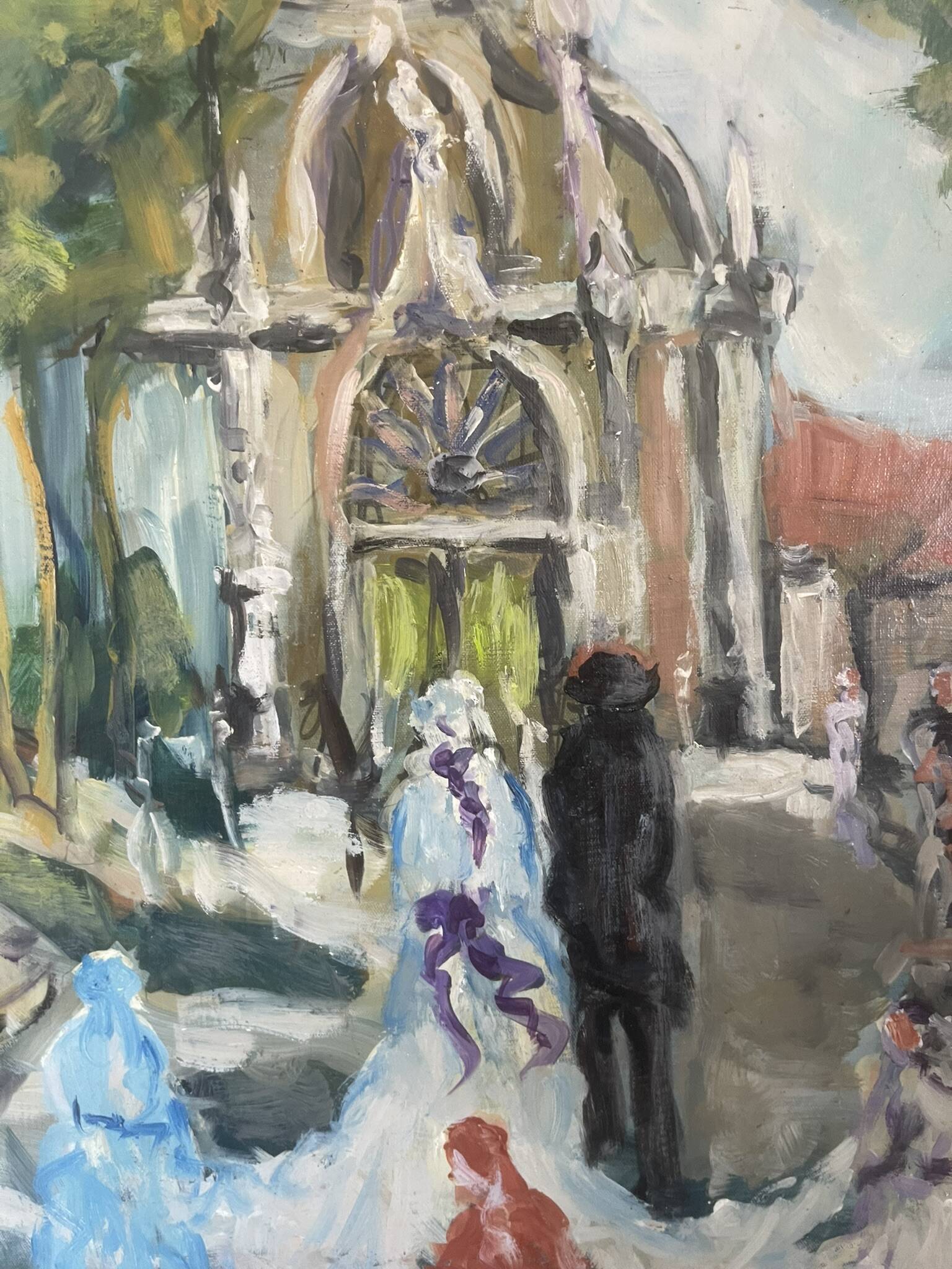 Ancien peinture tableau huile toile faraoni mariage eglise marié village