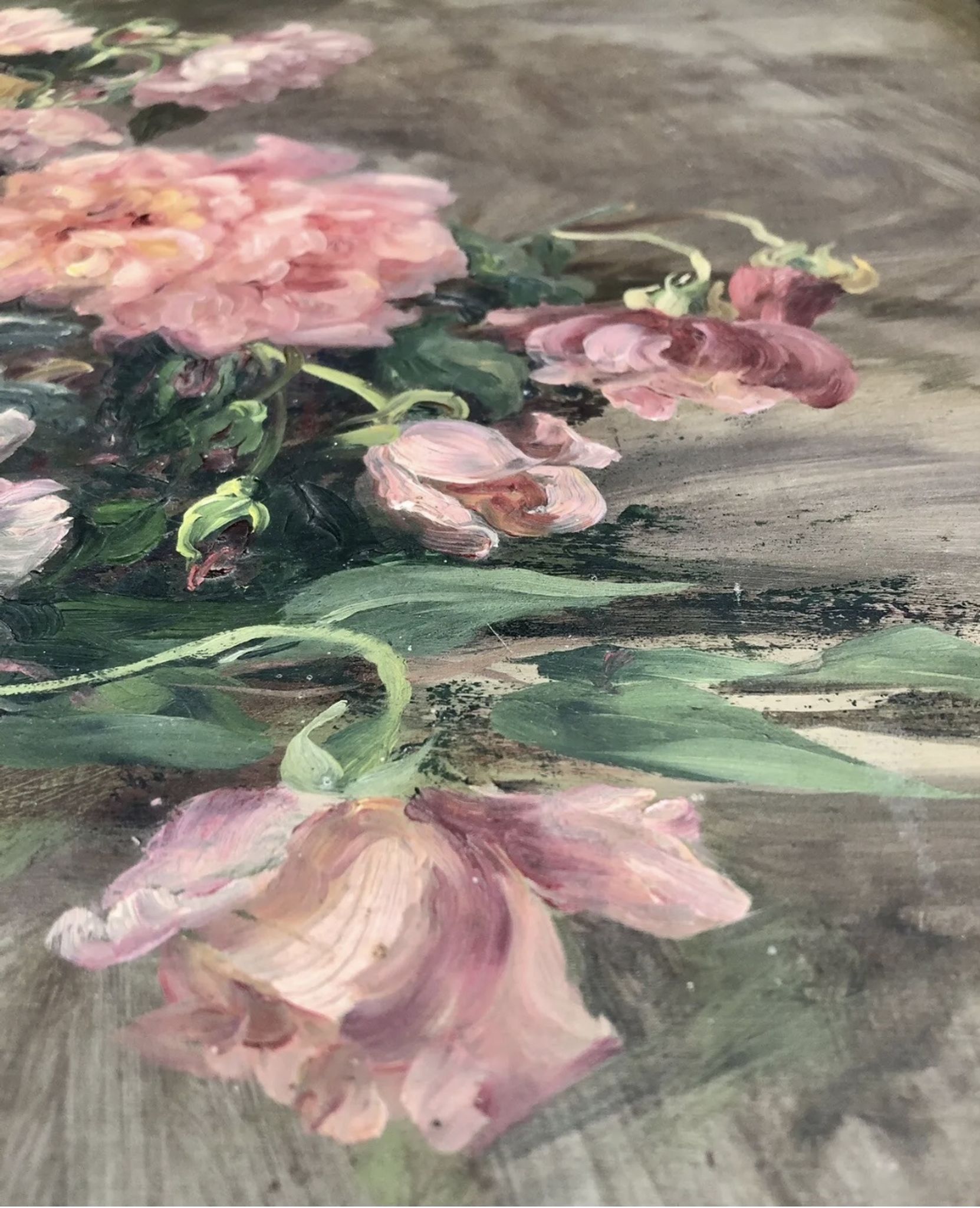 François Félix Roubaud Still life oil on wooden panel bouquet roses peonies XIX