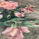 François Félix Roubaud Still life oil on wooden panel bouquet roses peonies XIX