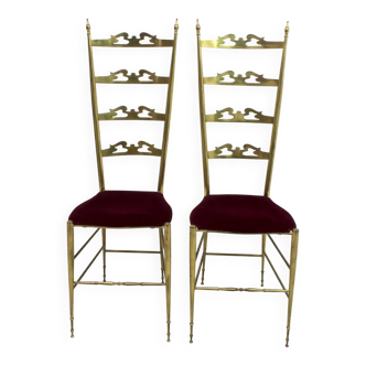Paire de chaises Chiavari à dossier haut en laiton, style italien du milieu du siècle, années 1950