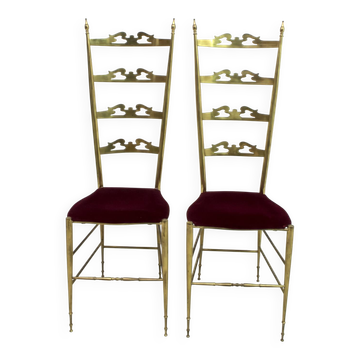 Pair of Mid-Century Modern Italian Brass High Back Chiavari Chairs, 1950s