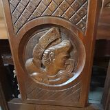 Breton dining room table with 2 extensions and 6 chairs with carved Breton characters