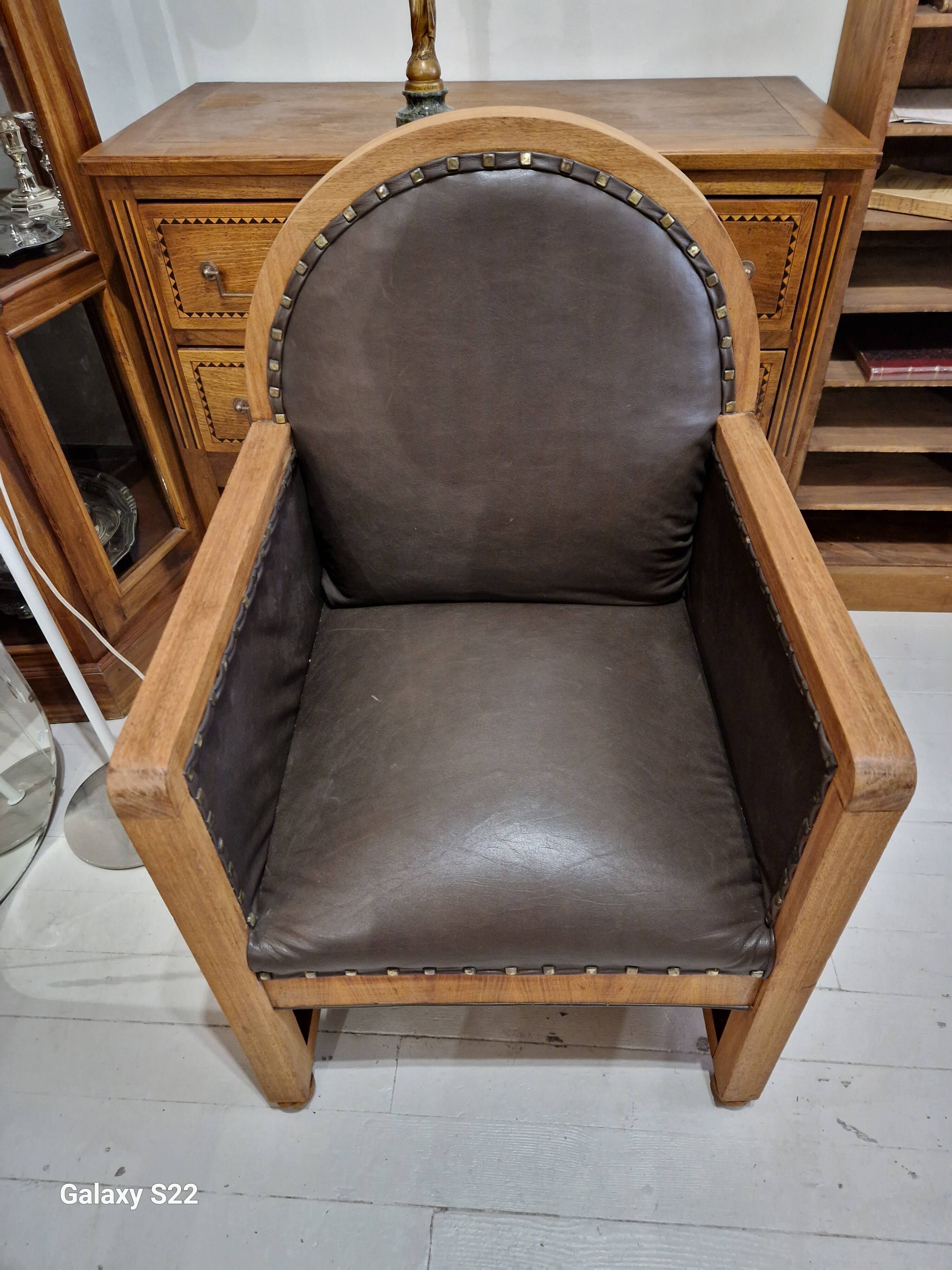 art deco armchair in leather and wood