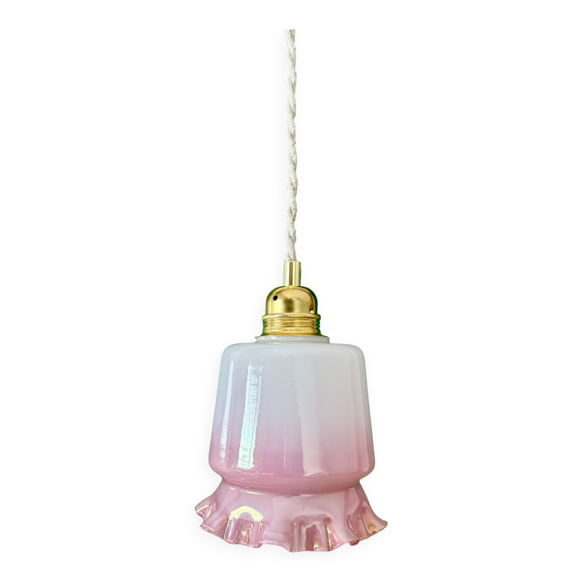 Suspension globe vintage en opaline blanche et rose