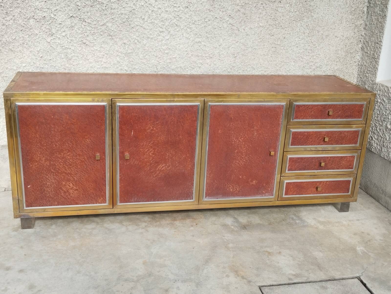 Sideboard shelf design 70 Michel Pignères amboyna burl chrome brass