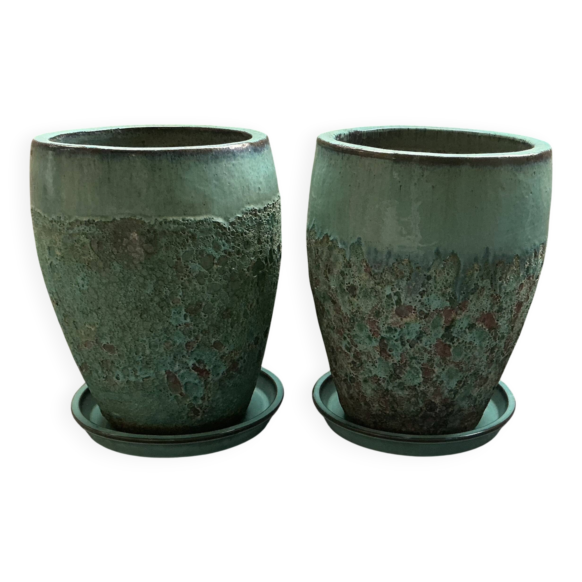 Set of 3 large blue glazed stoneware pots.