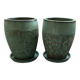 Set of 3 large blue glazed stoneware pots.