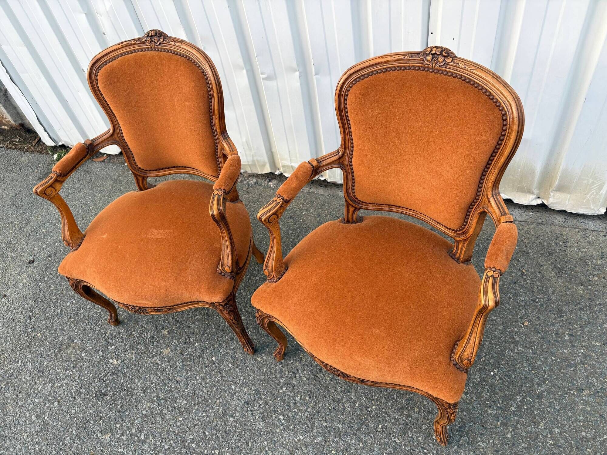 Pair of Louis XV style armchairs in ochre velvet