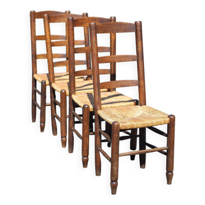 Lot de 4 chaises bois et paille, chaise bois, chaise paillée, campagne, chalet