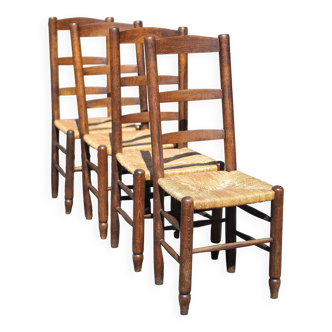 Lot de 4 chaises bois et paille, chaise bois, chaise paillée, campagne, chalet