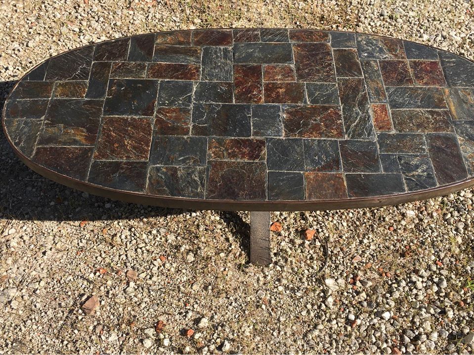 Oval wrought iron and slate coffee table in 1960/ 1970