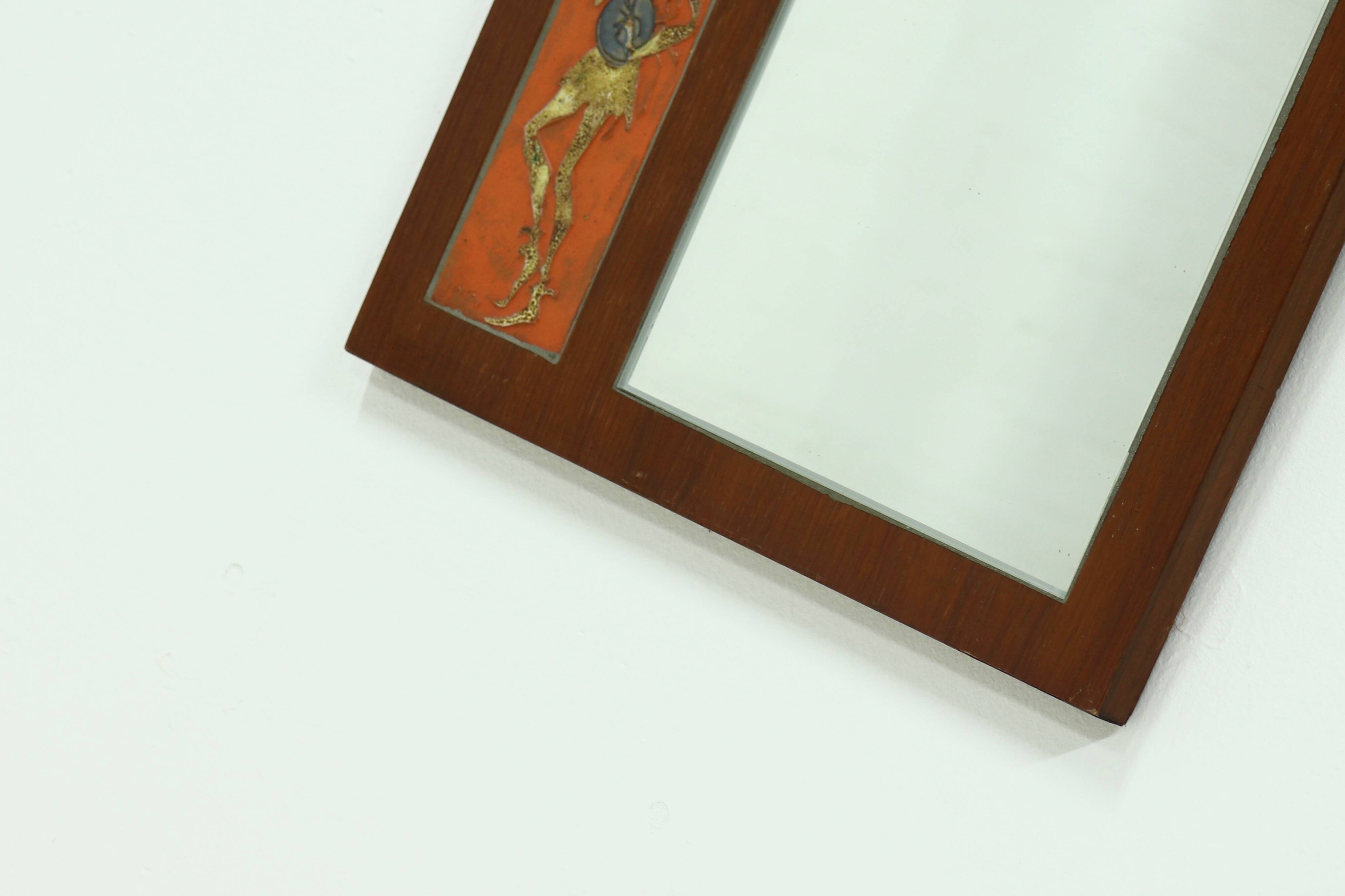 Mid-Century Teak and Ceramic Mirror by Atelier Pinson 1960s