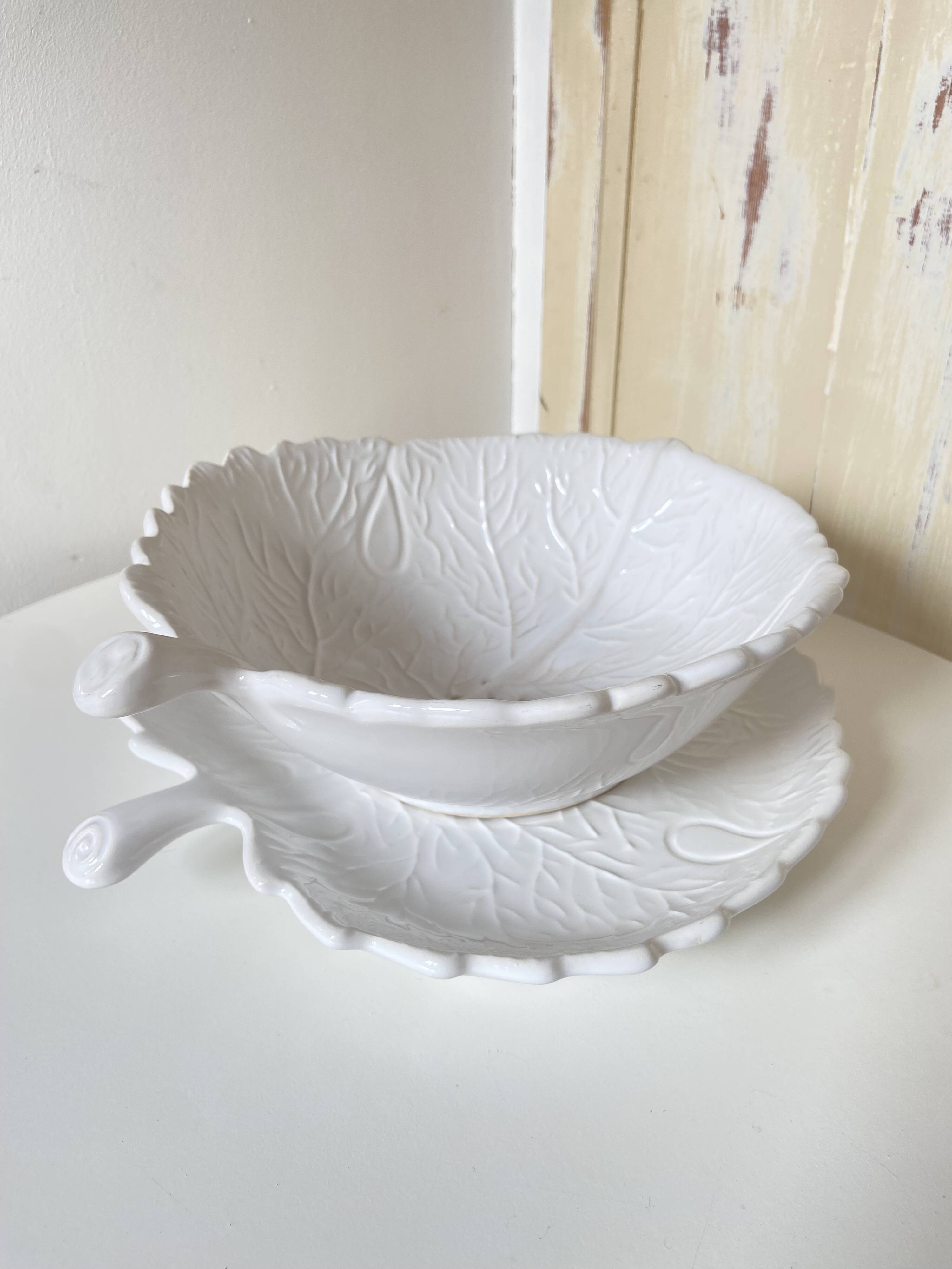 Barbotine Fruit Drainer And Its Plate In The Shape Of A White Cabbage Leaf