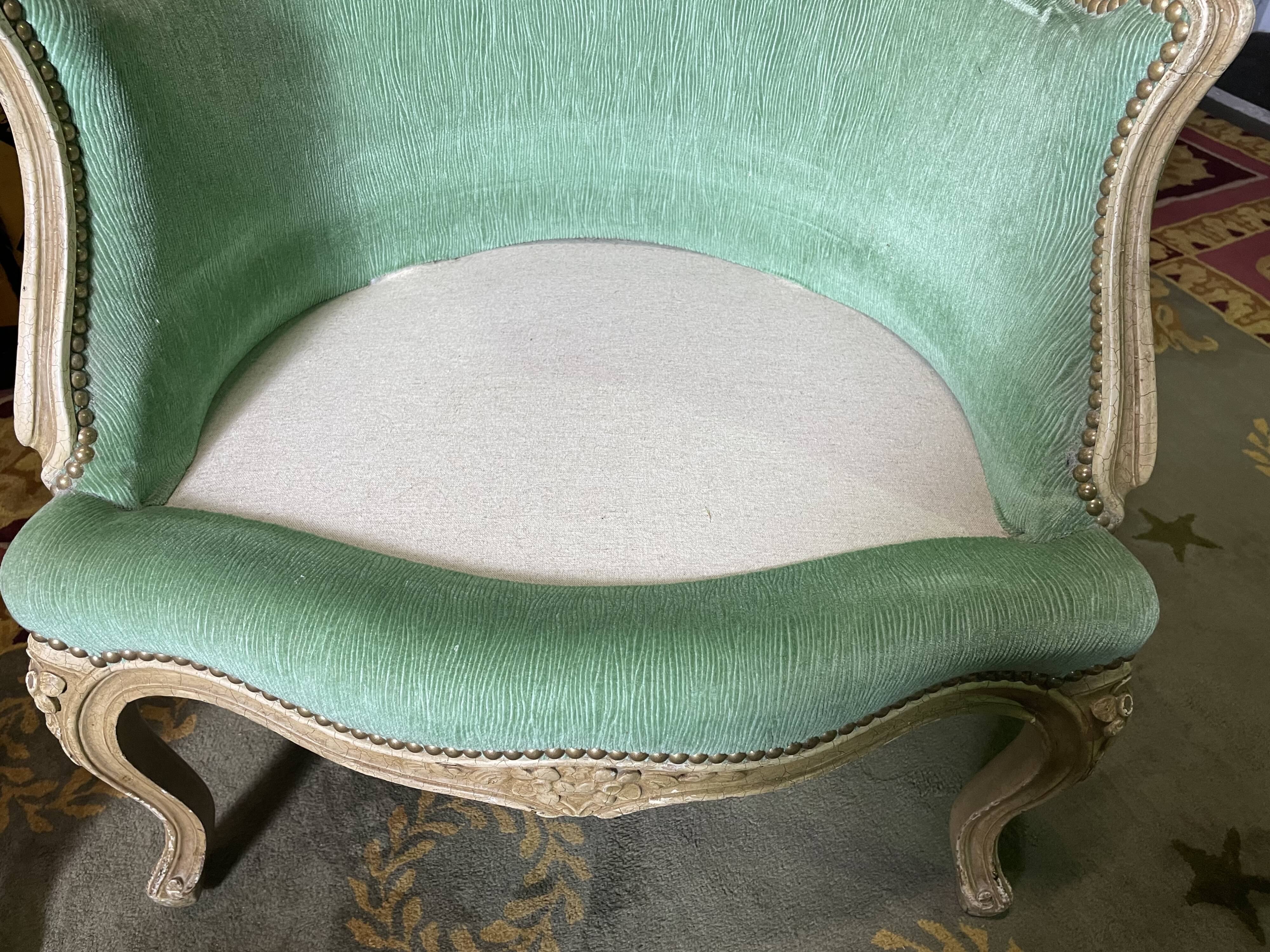 Pair of green Louis XV style bergères armchairs