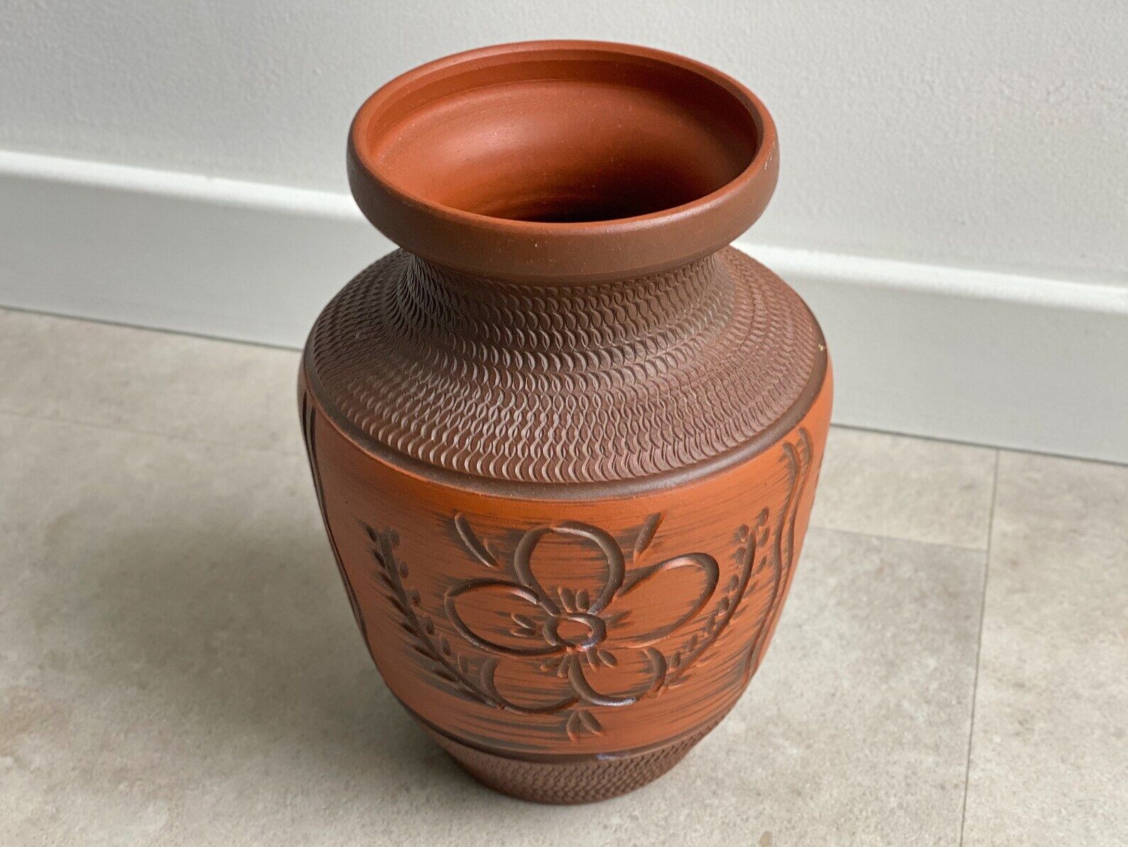 Vintage brown ceramic German vase, Mid Century terracotta pottery