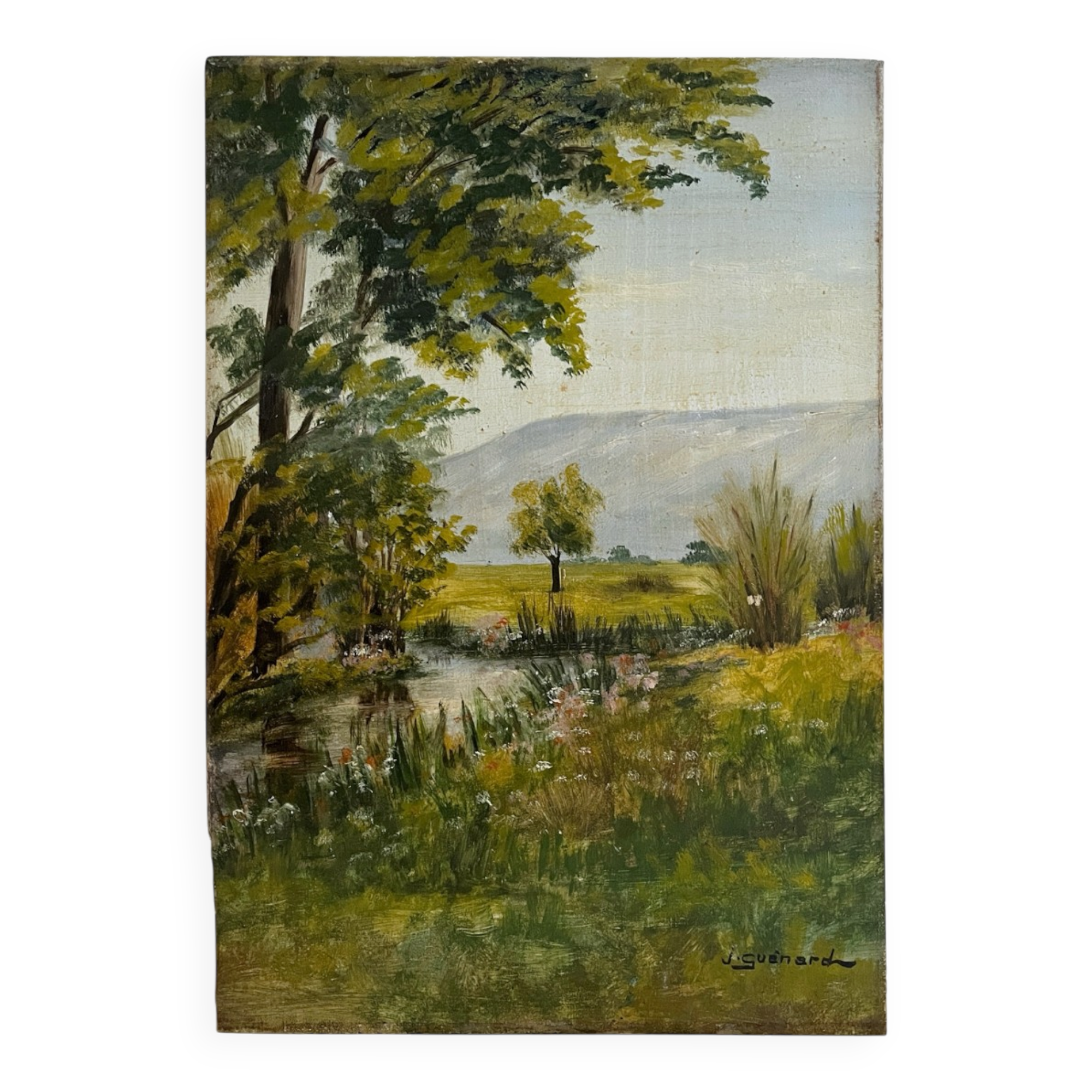 Peinture ancienne huile sur bois paysage verdoyant Joseph Guénard