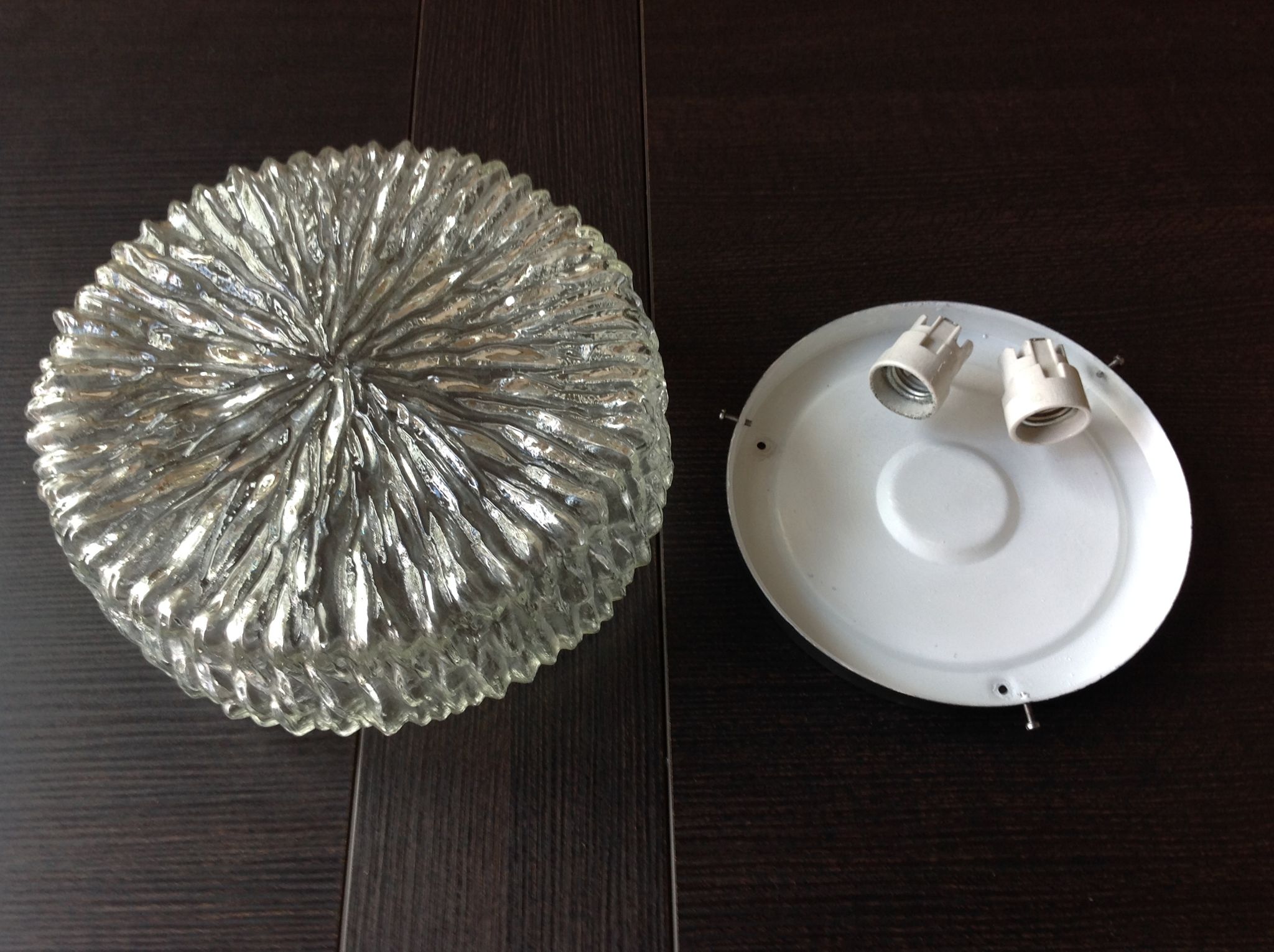 Round ice glass ceiling lamp, vintage 60s-70s