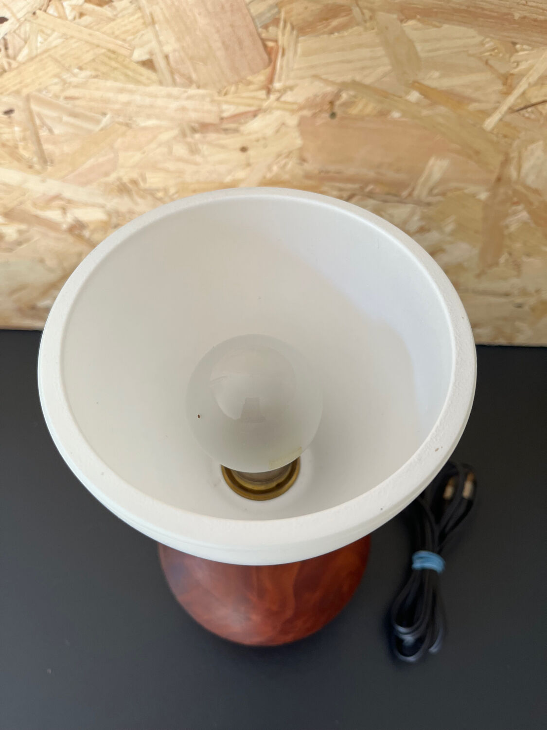 Small model wooden ball lamp with molded glass tulip